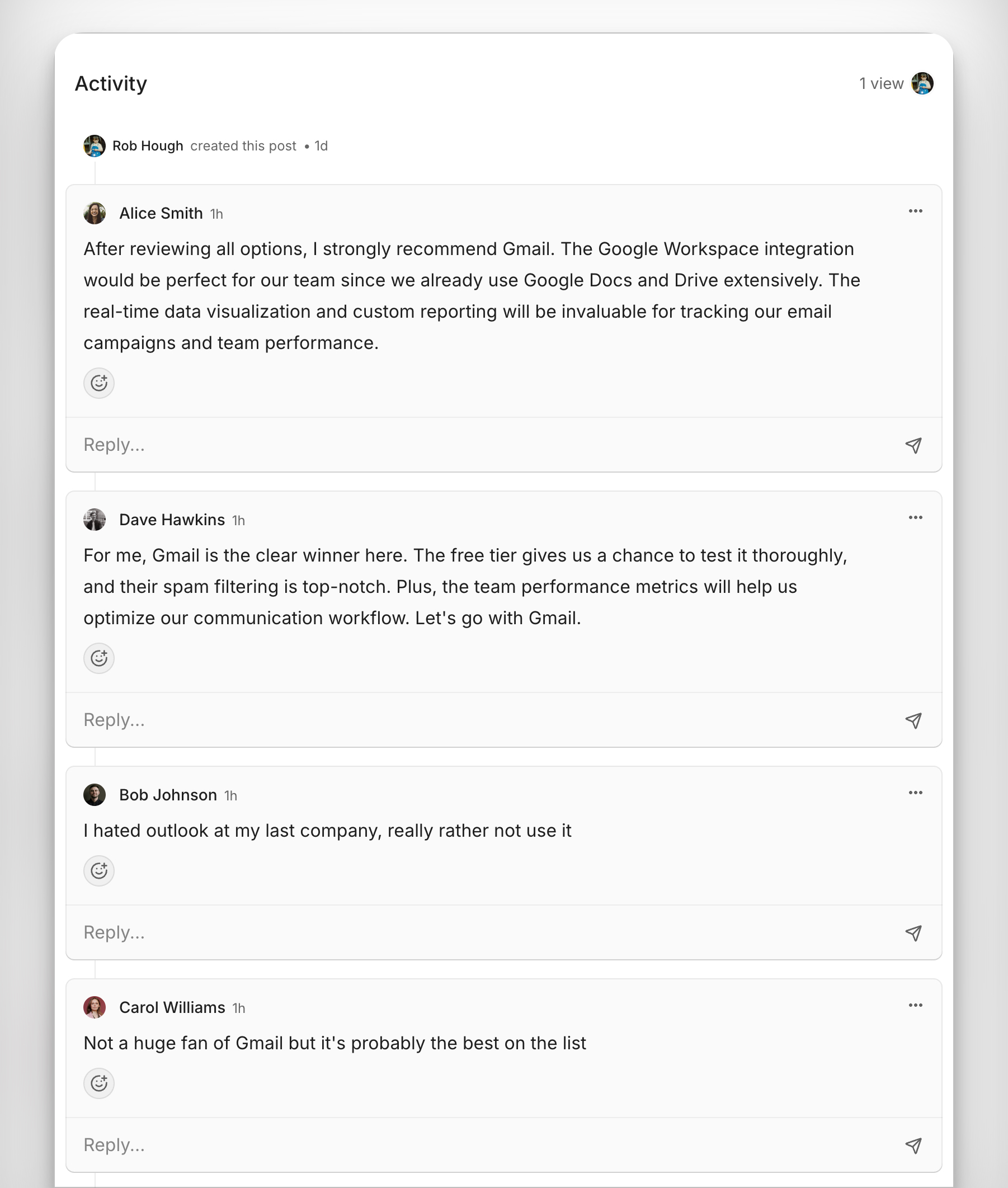 An example post which shows a real post in cushion discussing what email provider the team will use